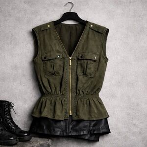 Michael Kors Olive Green Utility Zip Peplum Vest P/M